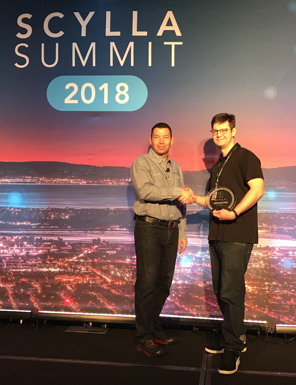 Sam Kenkel, Meshify, at ScyllaDB Summit 2018 User Awards (with Dor Laor, ScyllaDB CEO)