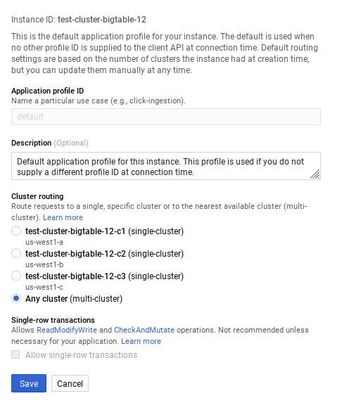 Figure 3: Application configuration for Google Cloud Bigtable