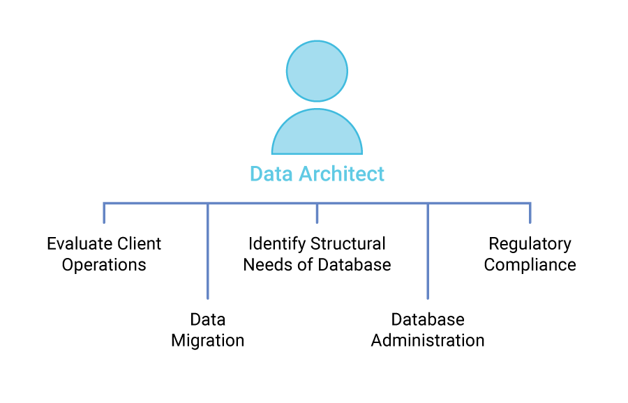 Data architect diagram consisting of Evaluate Client Operations, Data migration, Identify Structural Needs of Database, Database Administration, and Regulatory Compliance.