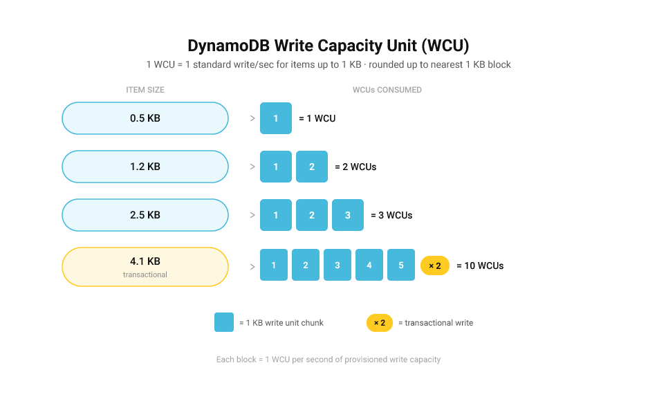 DynamoDB Write Capacity Unit (WCU) diagram showing the 2 key factors that DynamoDB WCU is governed by: Item size and Write operation type