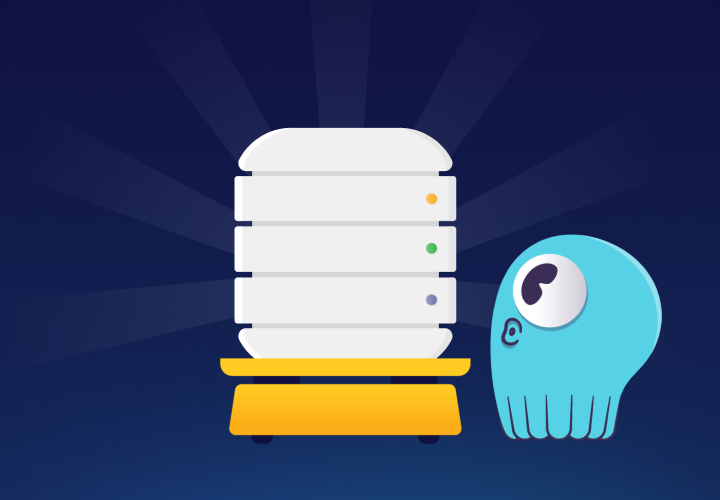 ScyllaDB Mascot looking at database for a webinar sseries